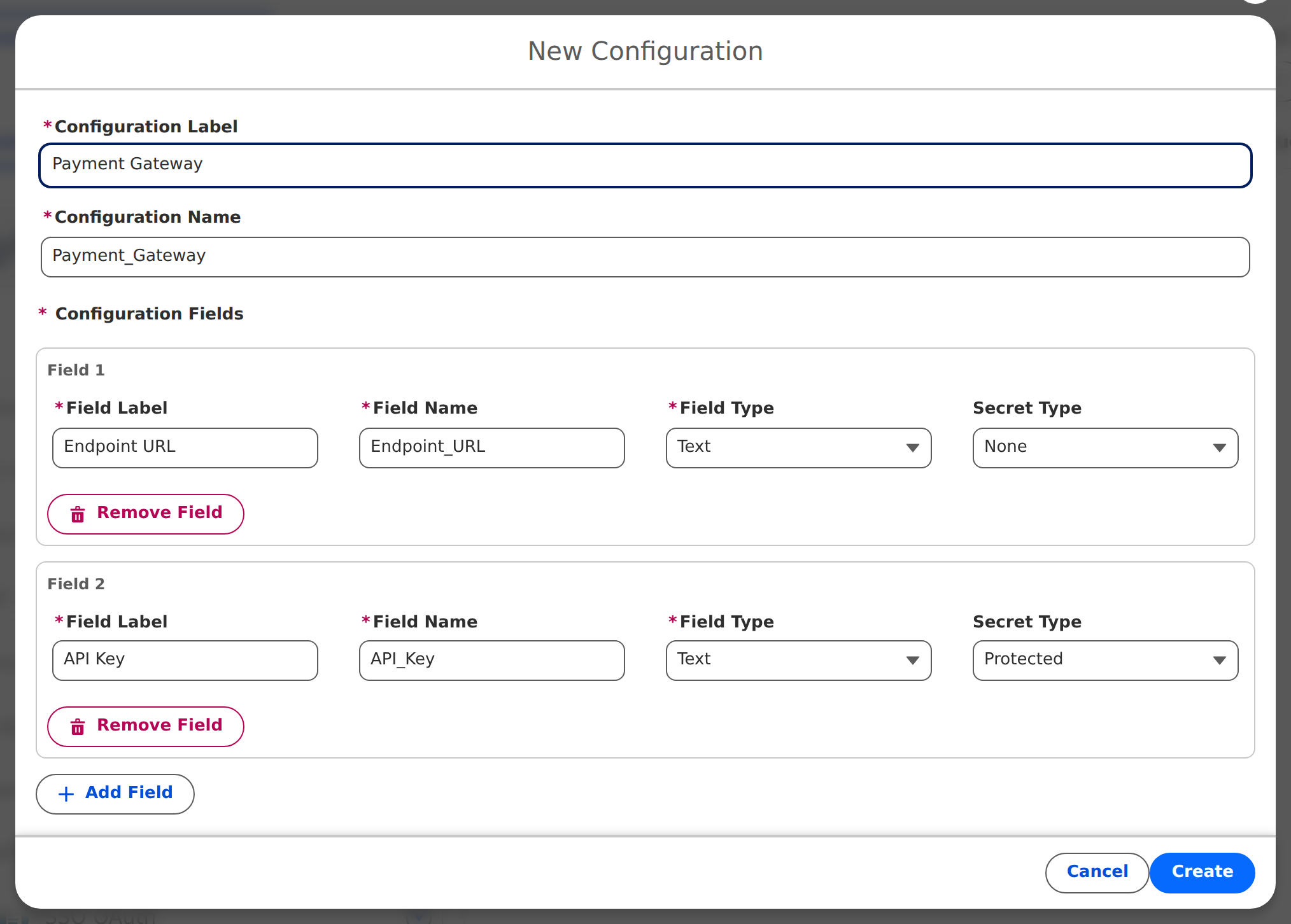 New Configuration modal