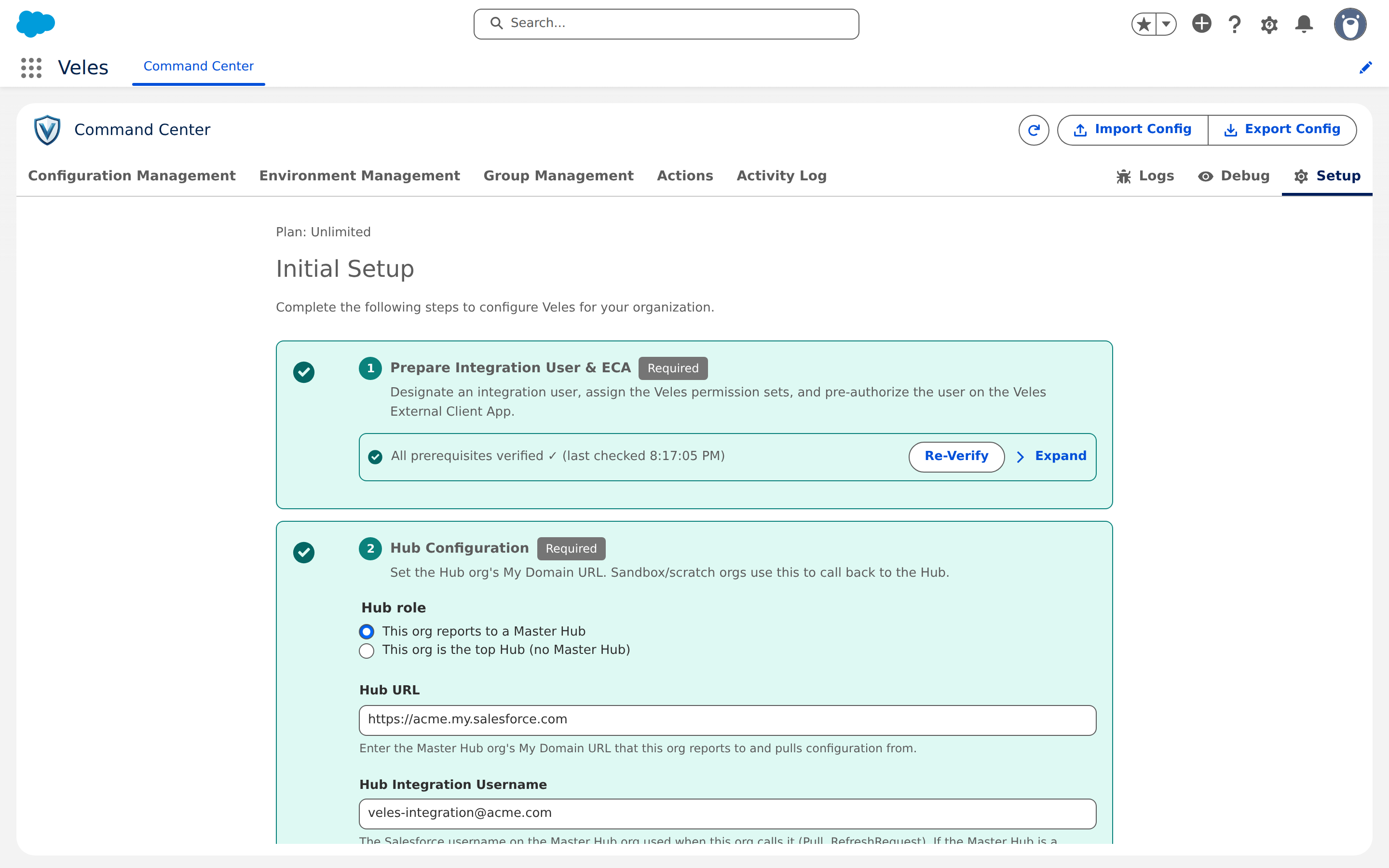 Setup tab with the three steps