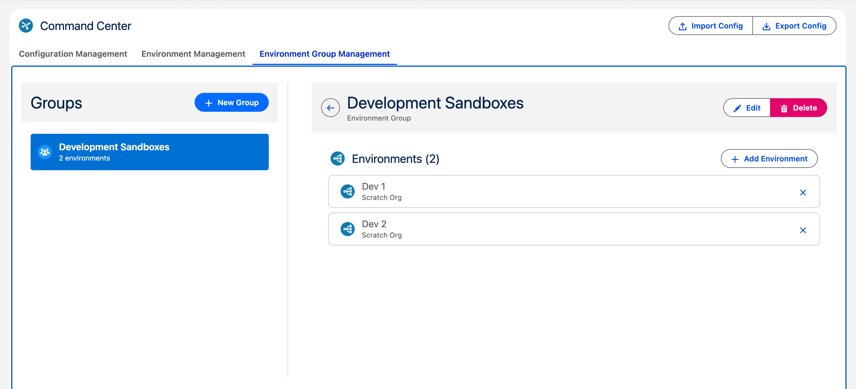 Environment Group with Dev 1 and Dev 2 environments