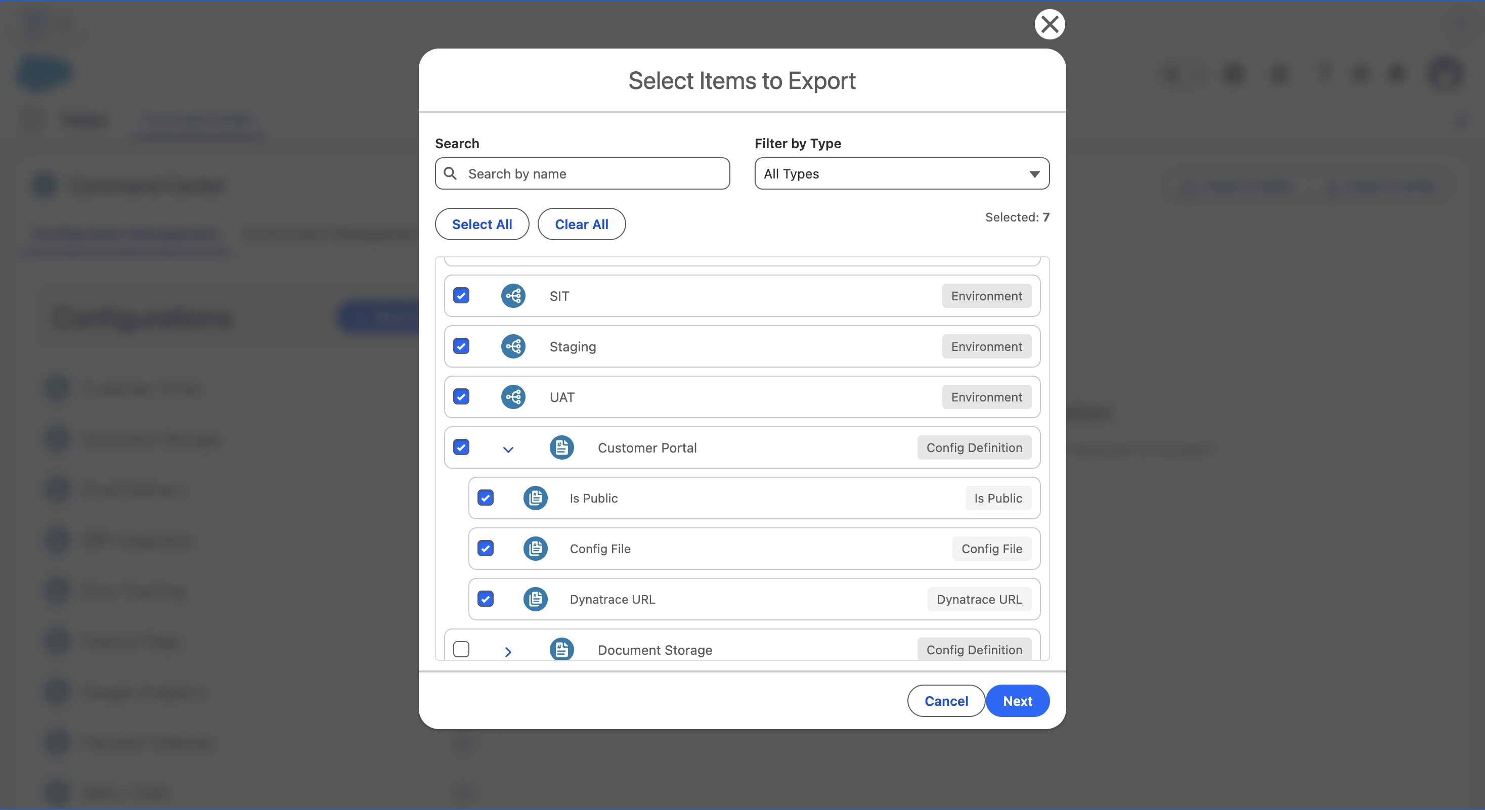 Export configuration selection with granular checkboxes