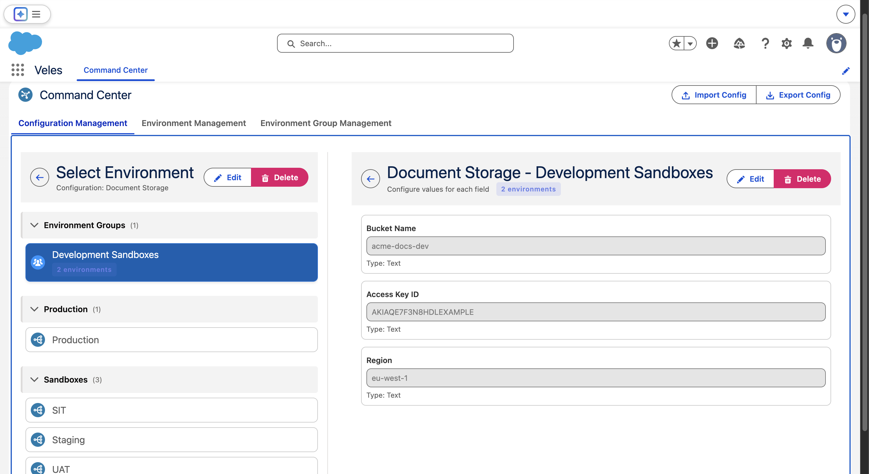 Veles split-pane UI showing environment groups and configuration values
